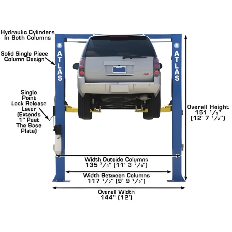 Atlas OHX10000X 10,000 lb Extra Tall 2-Post Lift Back View with Dimension of the Lift