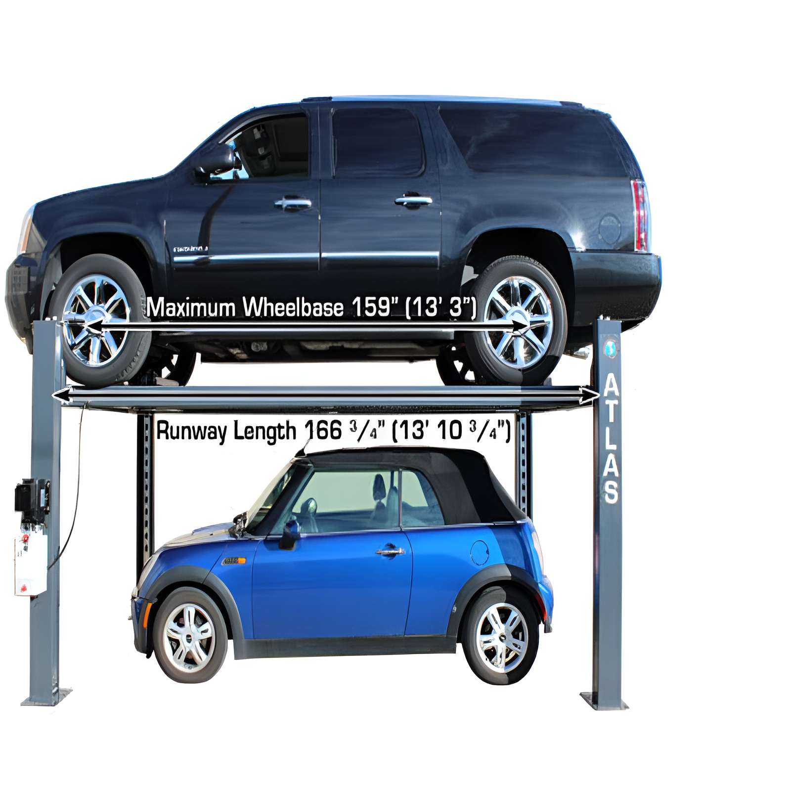 Atlas 408SL 4 Post Lift Side View with car