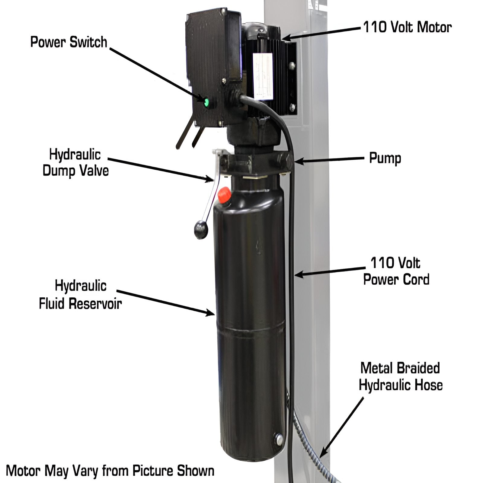 Garage Pro 8000 EXT, 8,000 lb 4 Post Vehicle Storage Lift- Extra Tall Motor and Pump View