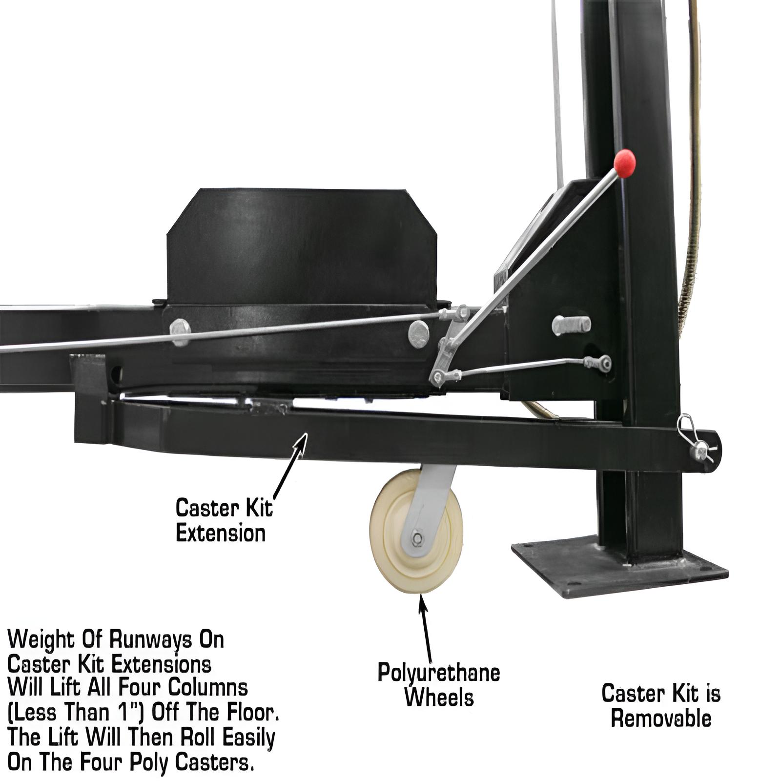Garage Pro 8000 EXT, 8,000 lb 4 Post Vehicle Storage Lift- Extra Tall Casters Under View