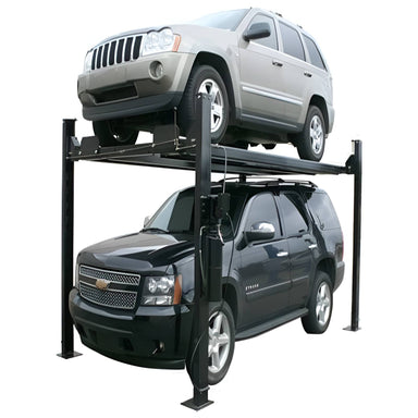 Garage Pro 8000 EXT, 8,000 lb 4 Post Vehicle Storage Lift- Extra Tall by Atlas Side View with 2 Cars