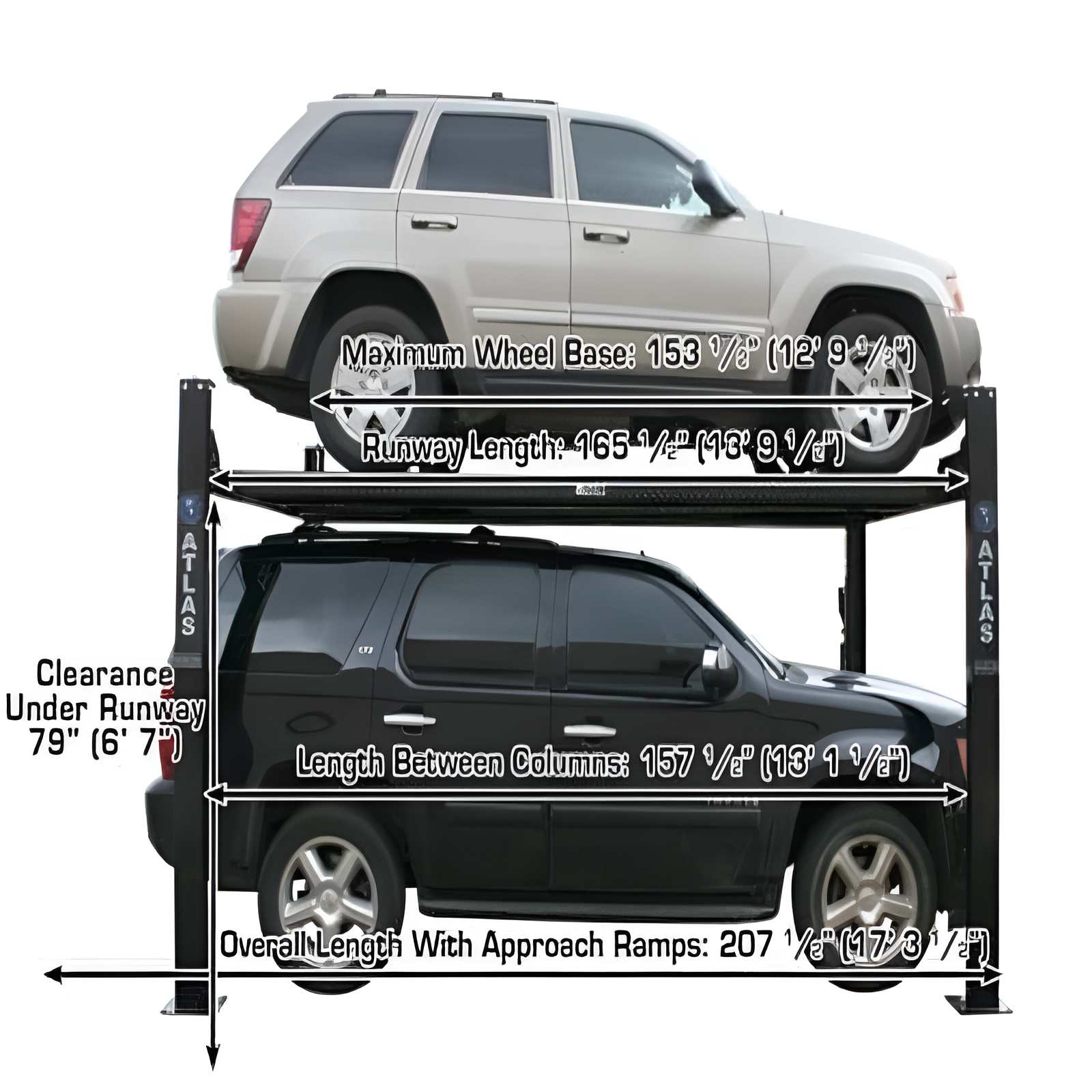 Garage Pro 8000 EXT, 8,000 lb 4 Post Vehicle Storage Lift- Extra Tall Side View with 2 Cars