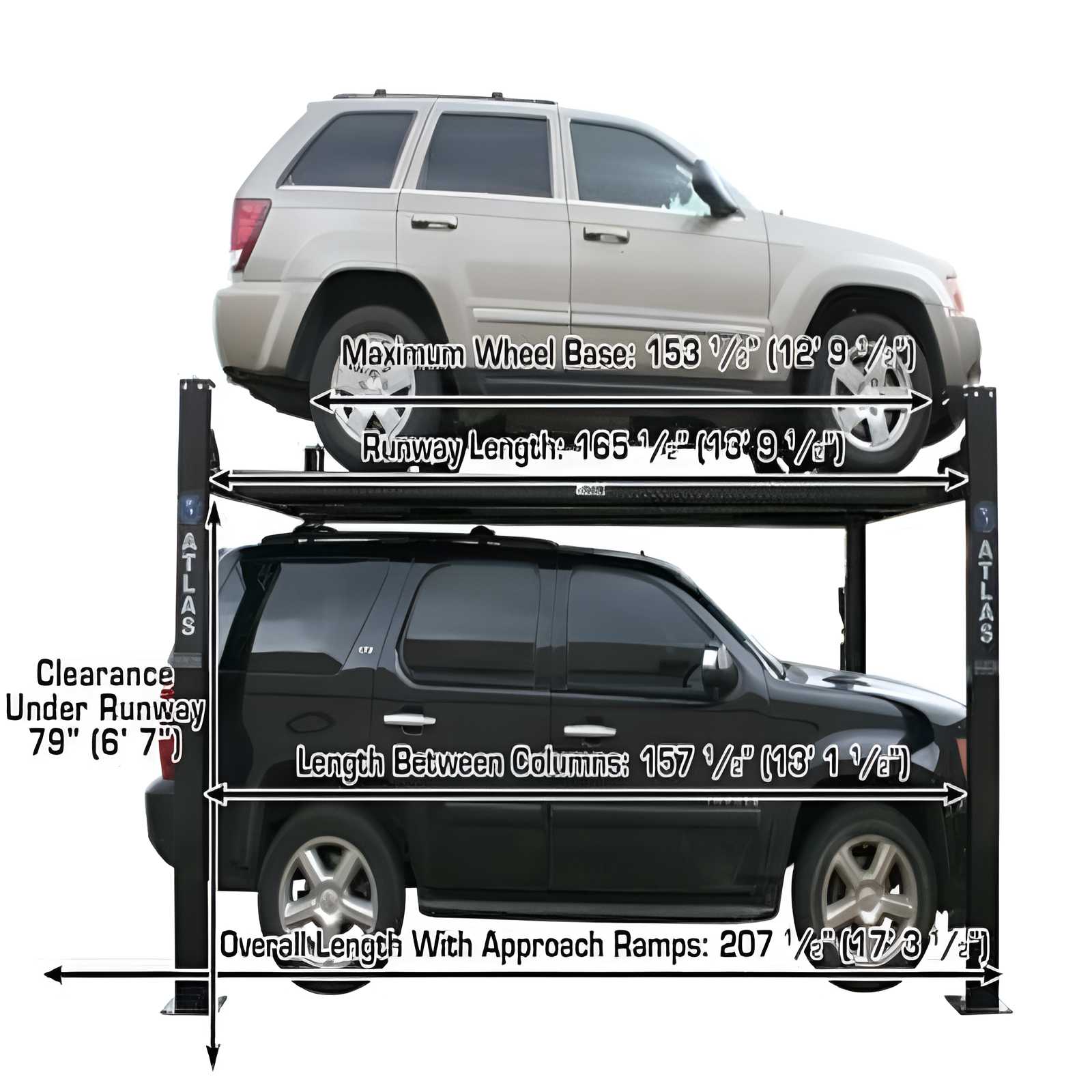 Atlas PRO8000EXT 4 Post Lift + (2) ProJack35 Sliding Jack Combo Side View