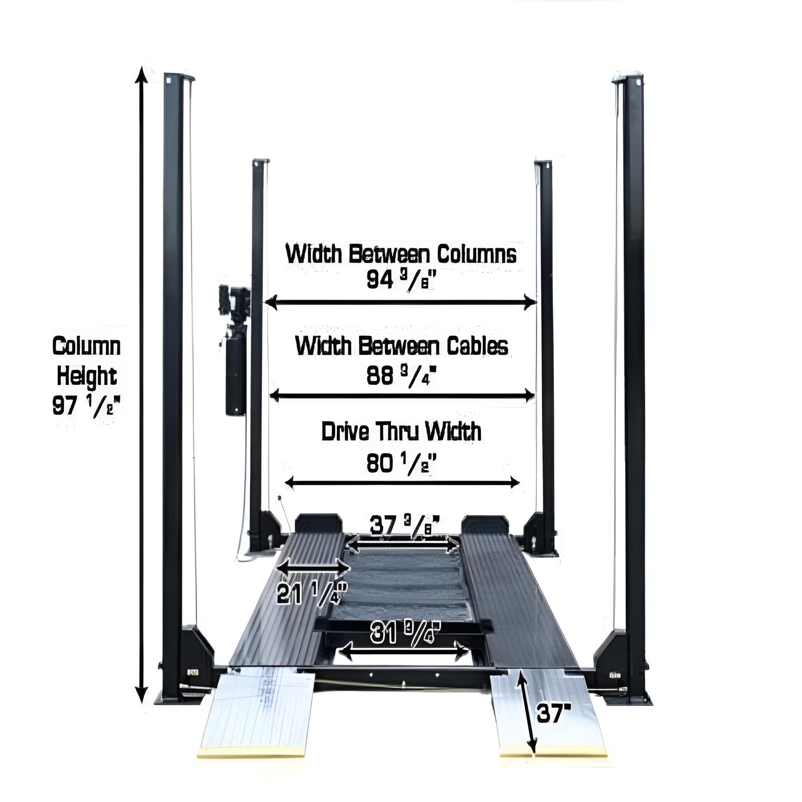 PRO8000EXT 4 Post Lift + (2) ProJack35 Sliding Jack Combo Front View no car