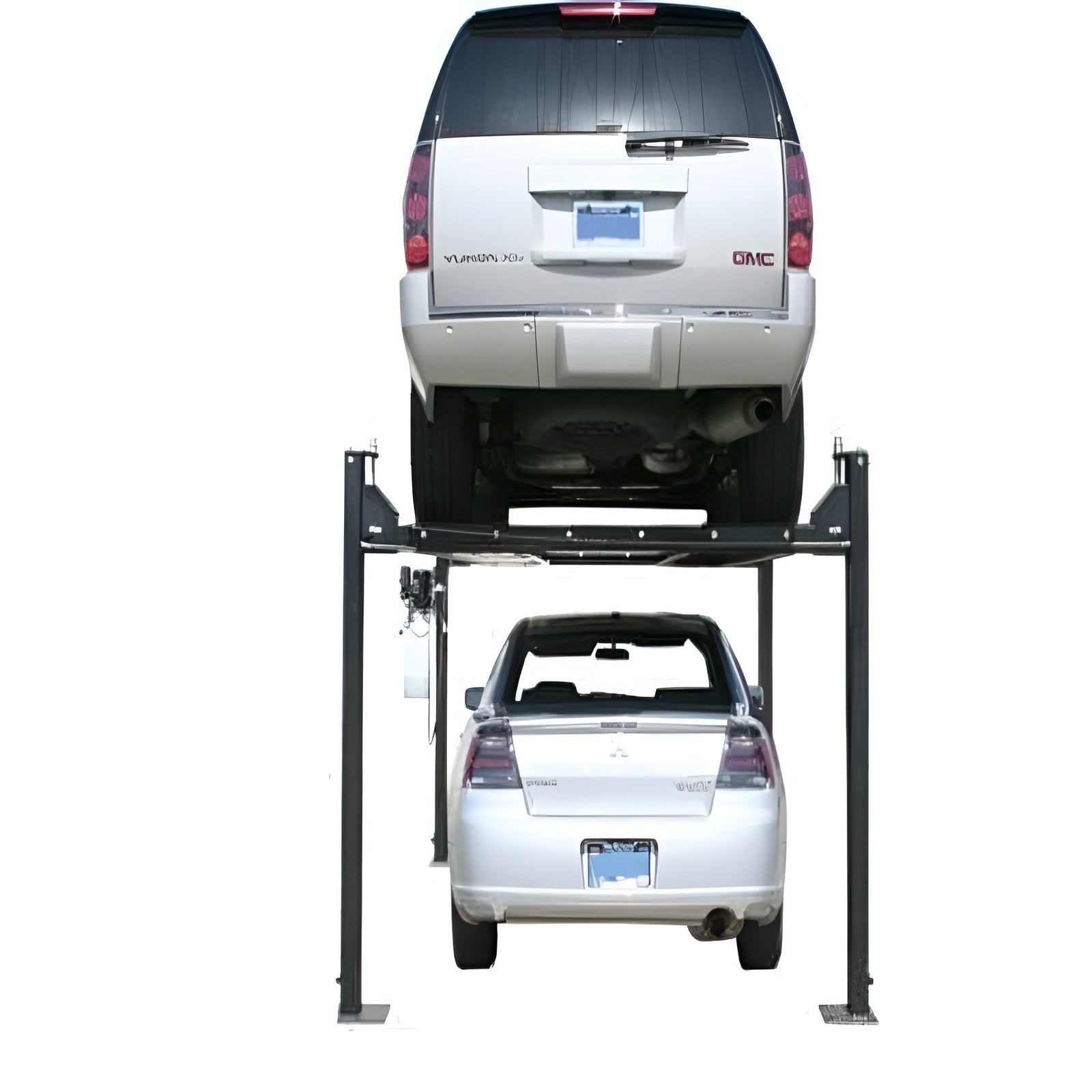 Garage Pro8000, 8,000 lb 4 Post Vehicle Storage Lift Back View with 2 Cars