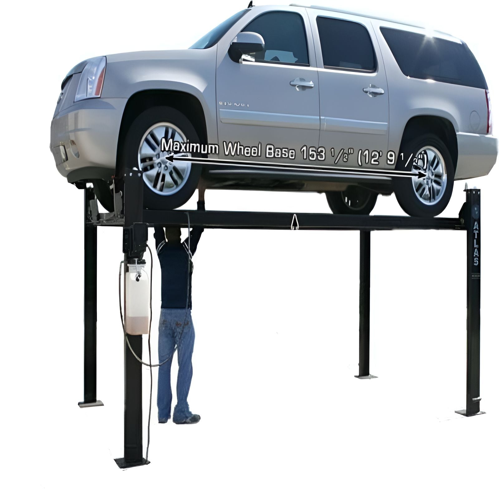 Atlas Garage Pro8000, 8,000 lb 4 Post Vehicle Storage Lift - Semi Side View Lifting High