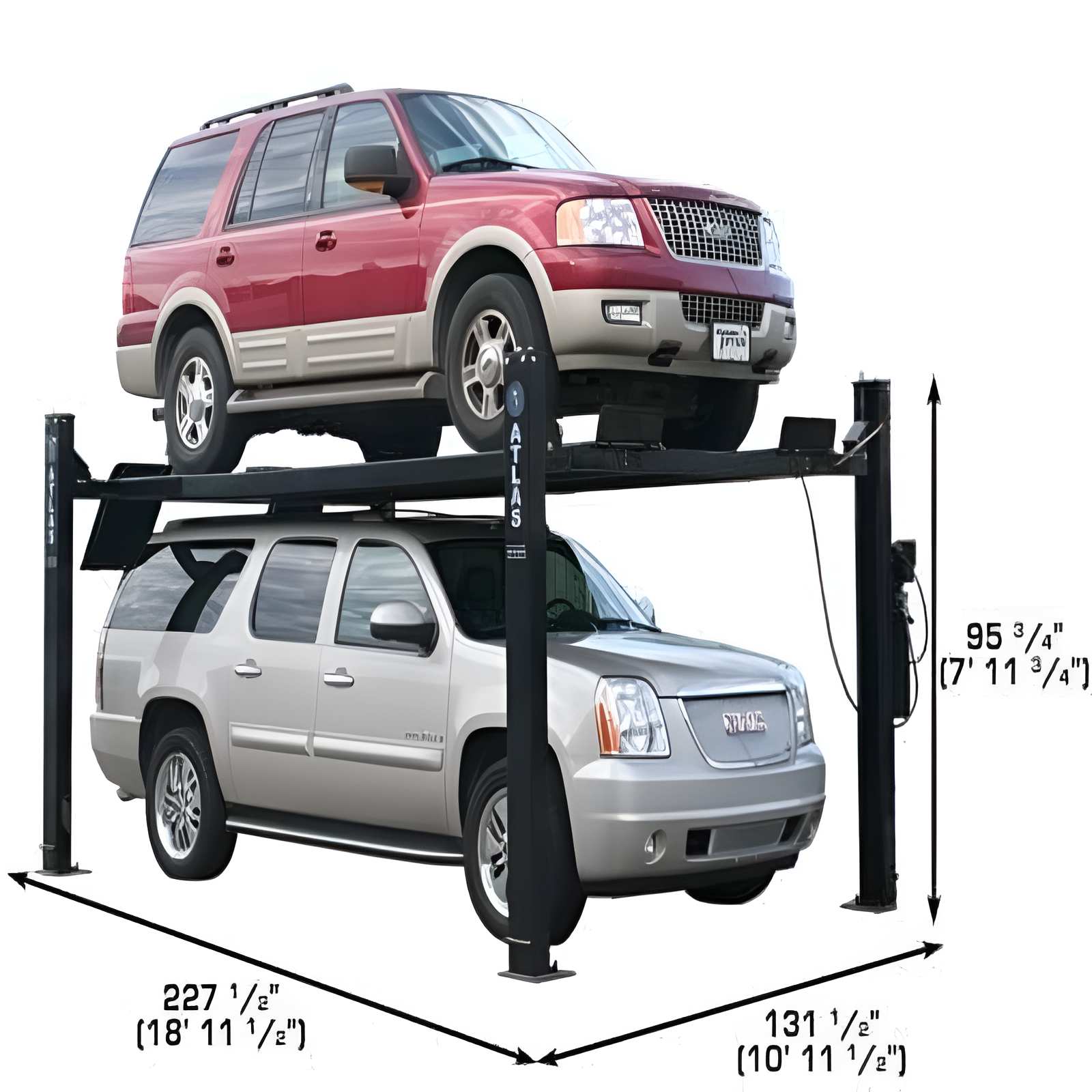 Atlas Garage Pro 9000 4 post lift raising a vehicle in workshop