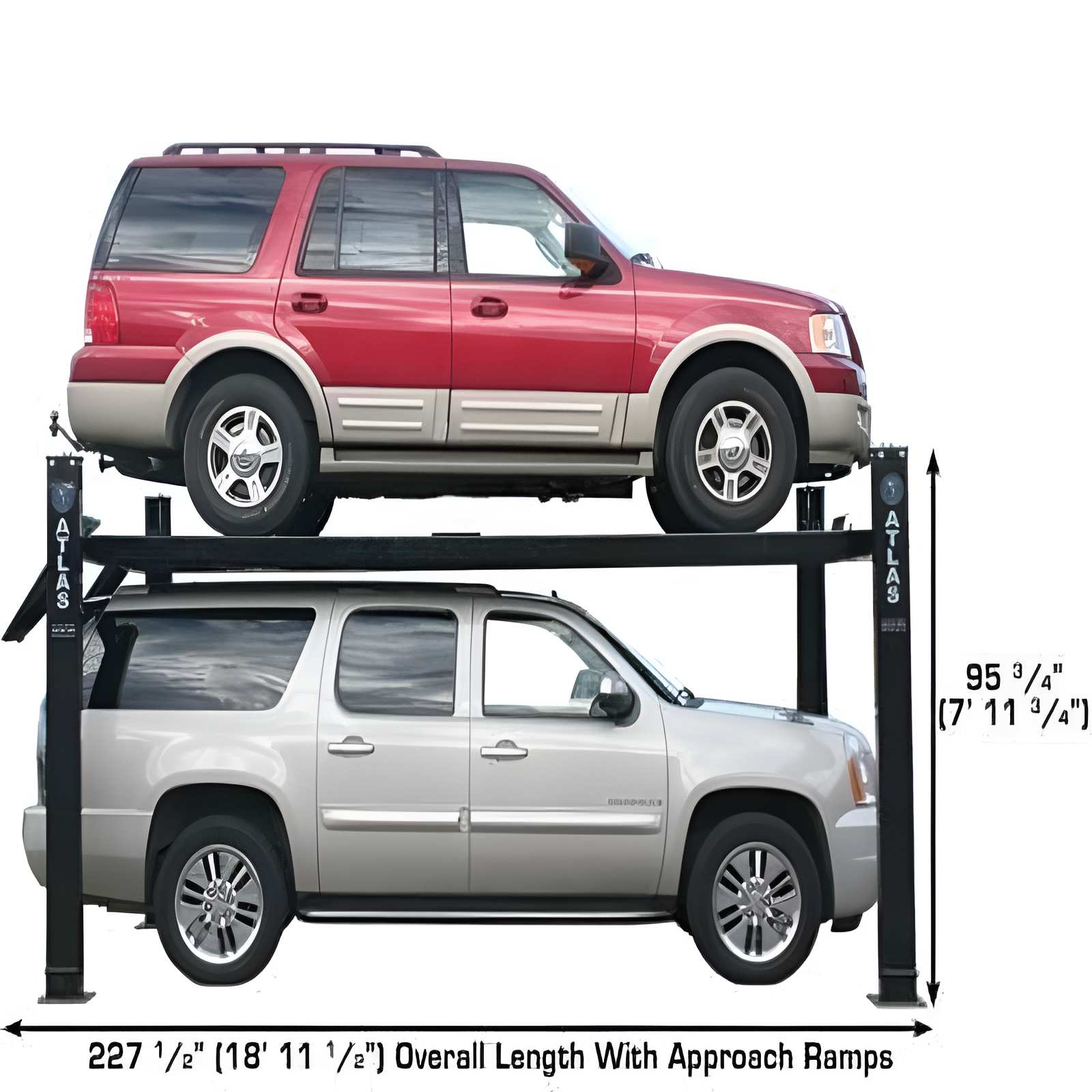 Atlas RJ35 sliding jacks positioned between runways on 4 post lift
