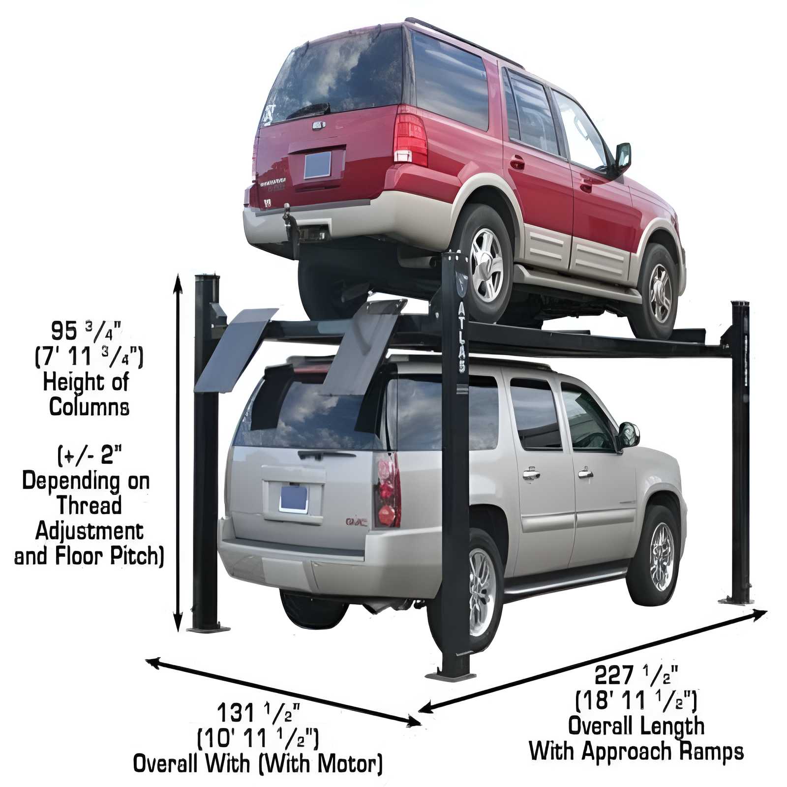 Atlas Garage Pro 9000 4 post lift in raised position with SUV