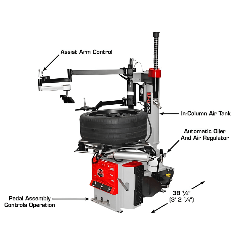 Atlas PTC300 Rim-Clamp Tire Changer w/ Assist Arm Side View with Tire