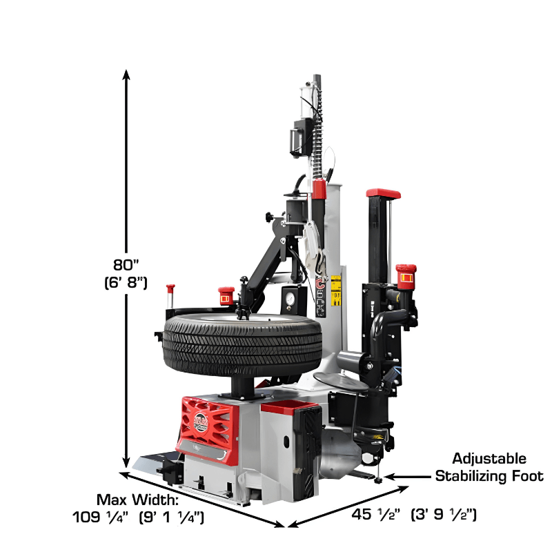 PTC500 Center Post Tire Changer w/ Assist Arms Side View with Tire and Dimensions