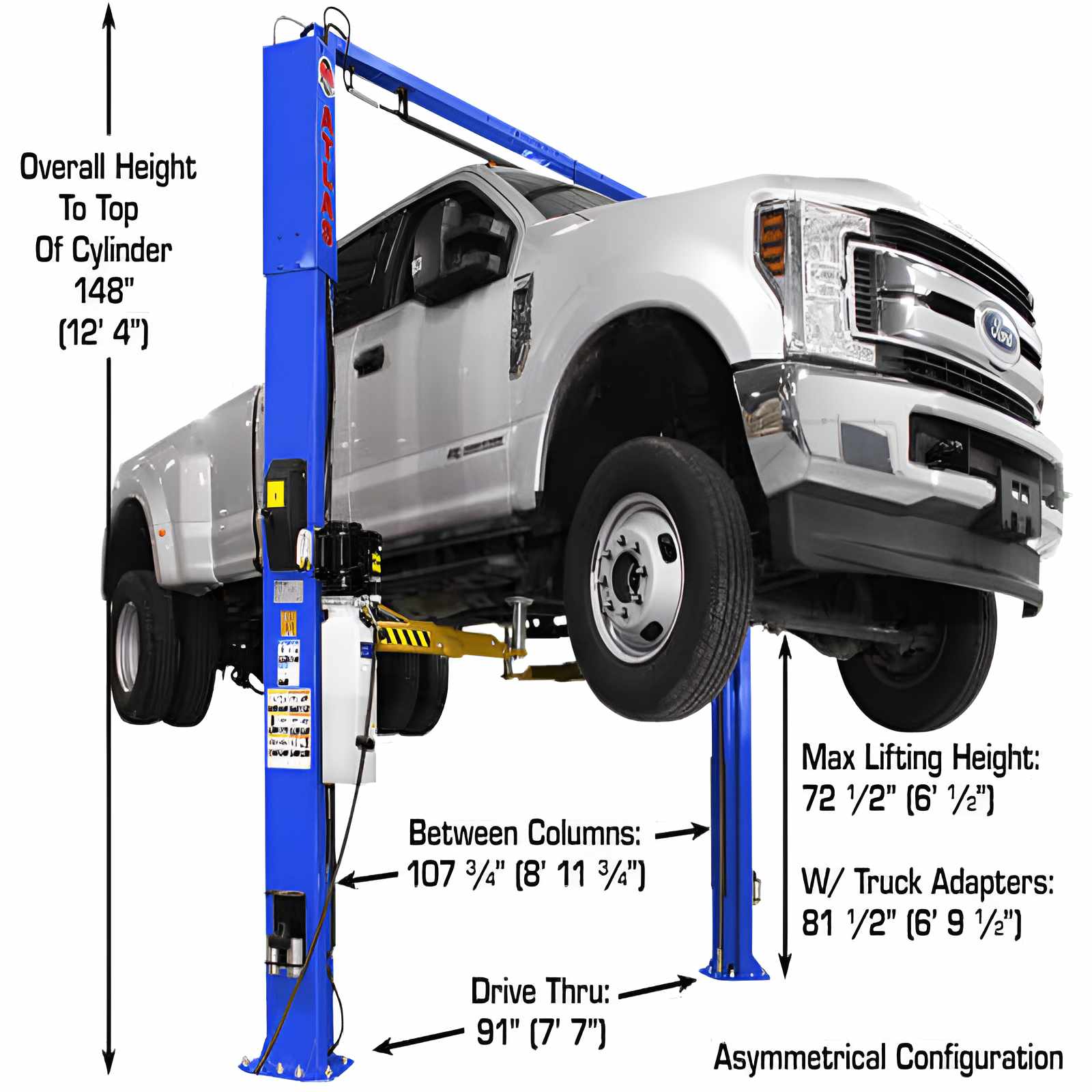 Atlas PVL10, 10,000 lb 2 Post Lift Side View with car lifting high