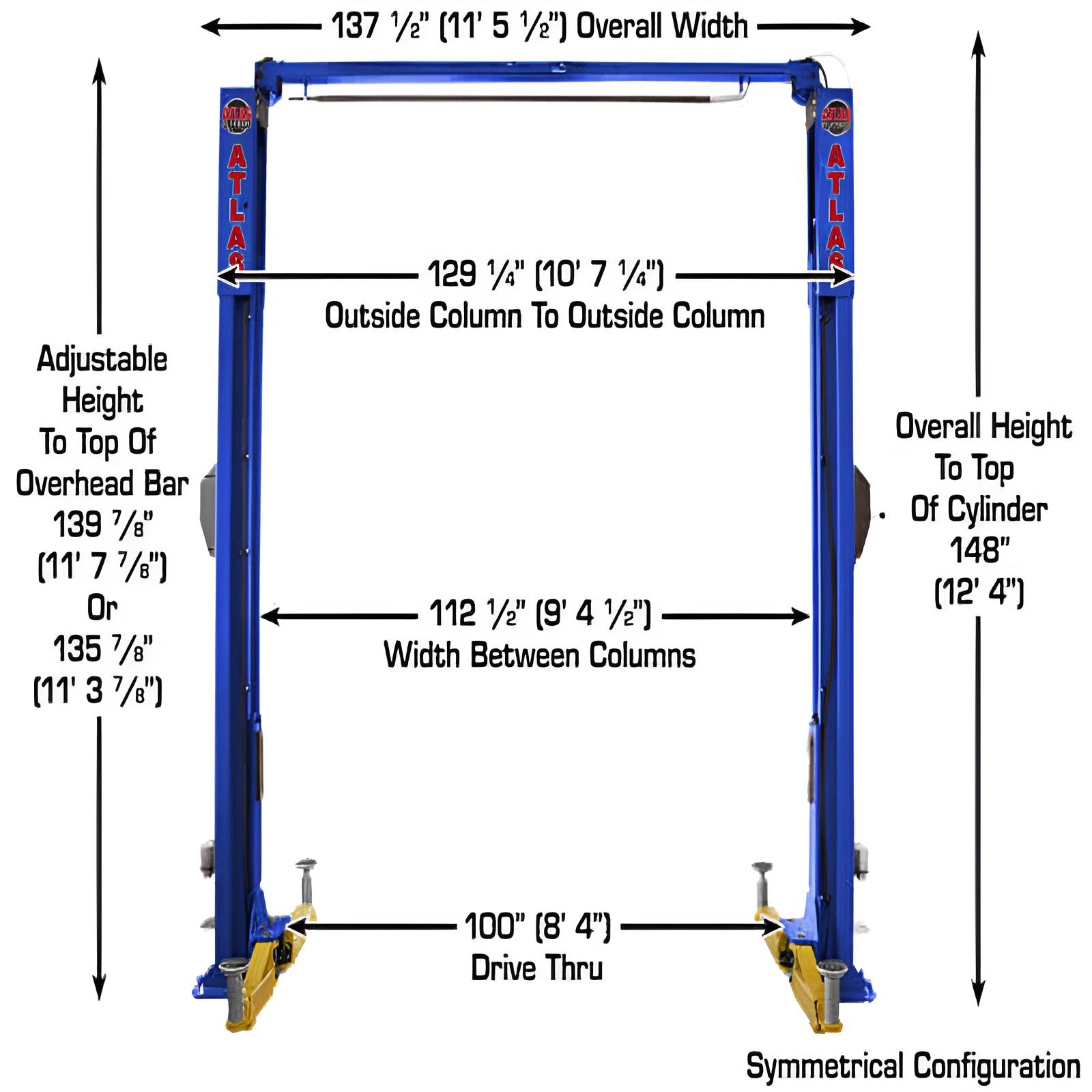 Atlas PVL10, 10,000 lb 2 Post Lift - ALI Certified Front View No Car with Dimension
