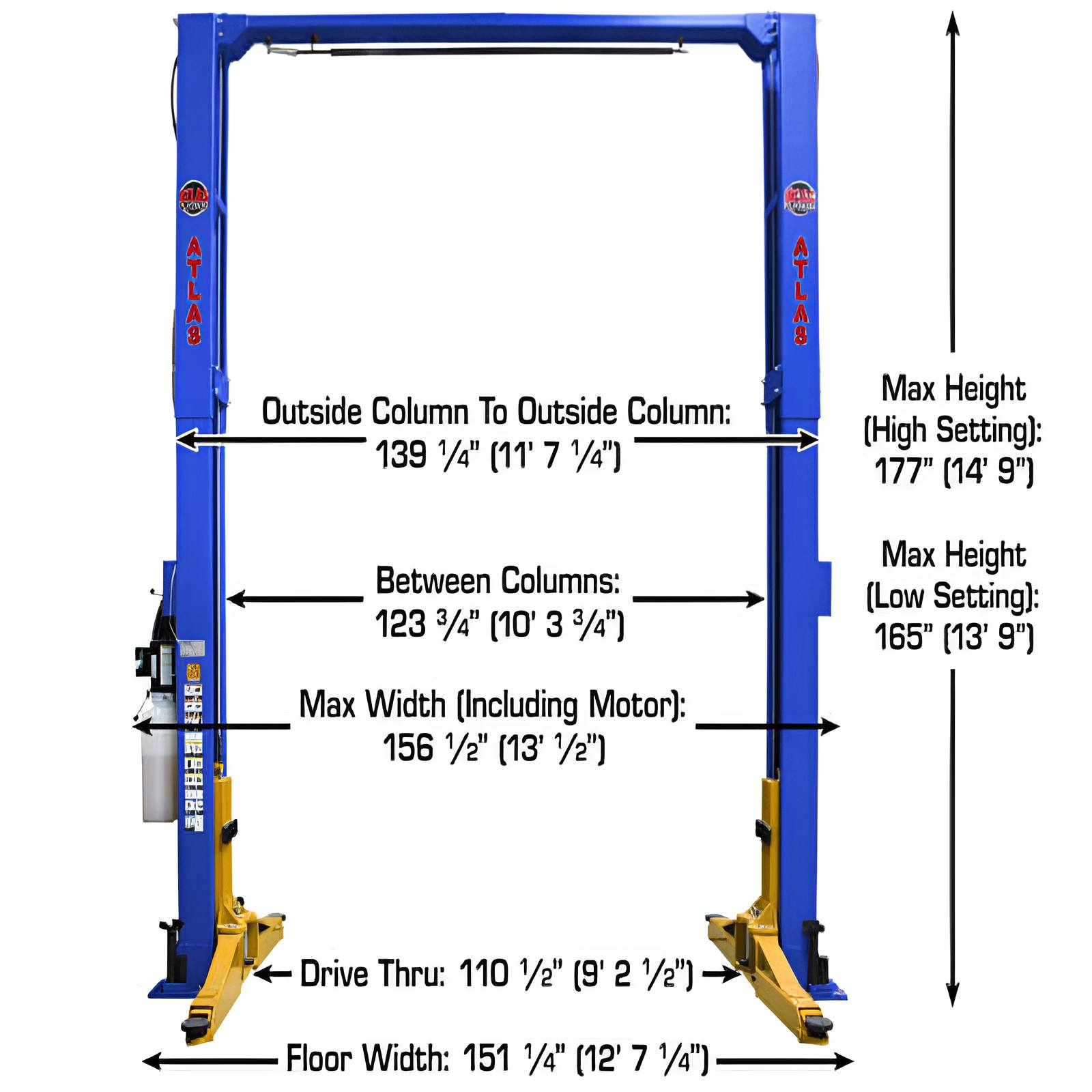 Atlas PVL12, 12,000 lb Front View with Dimensions