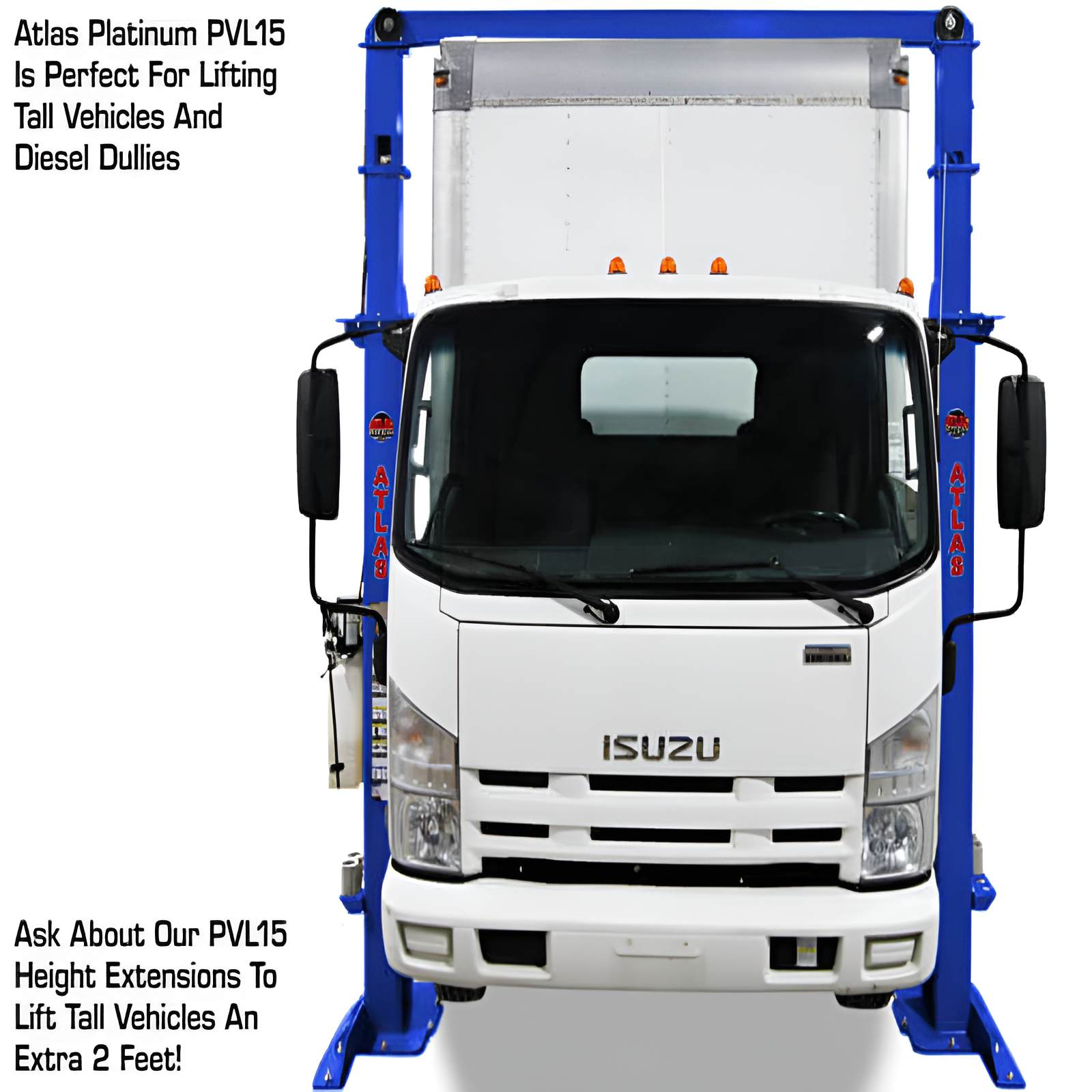 Atlas PVL15, 15,000 lb 2 Post Lift - Commercial Grade; ALI Certified Front View