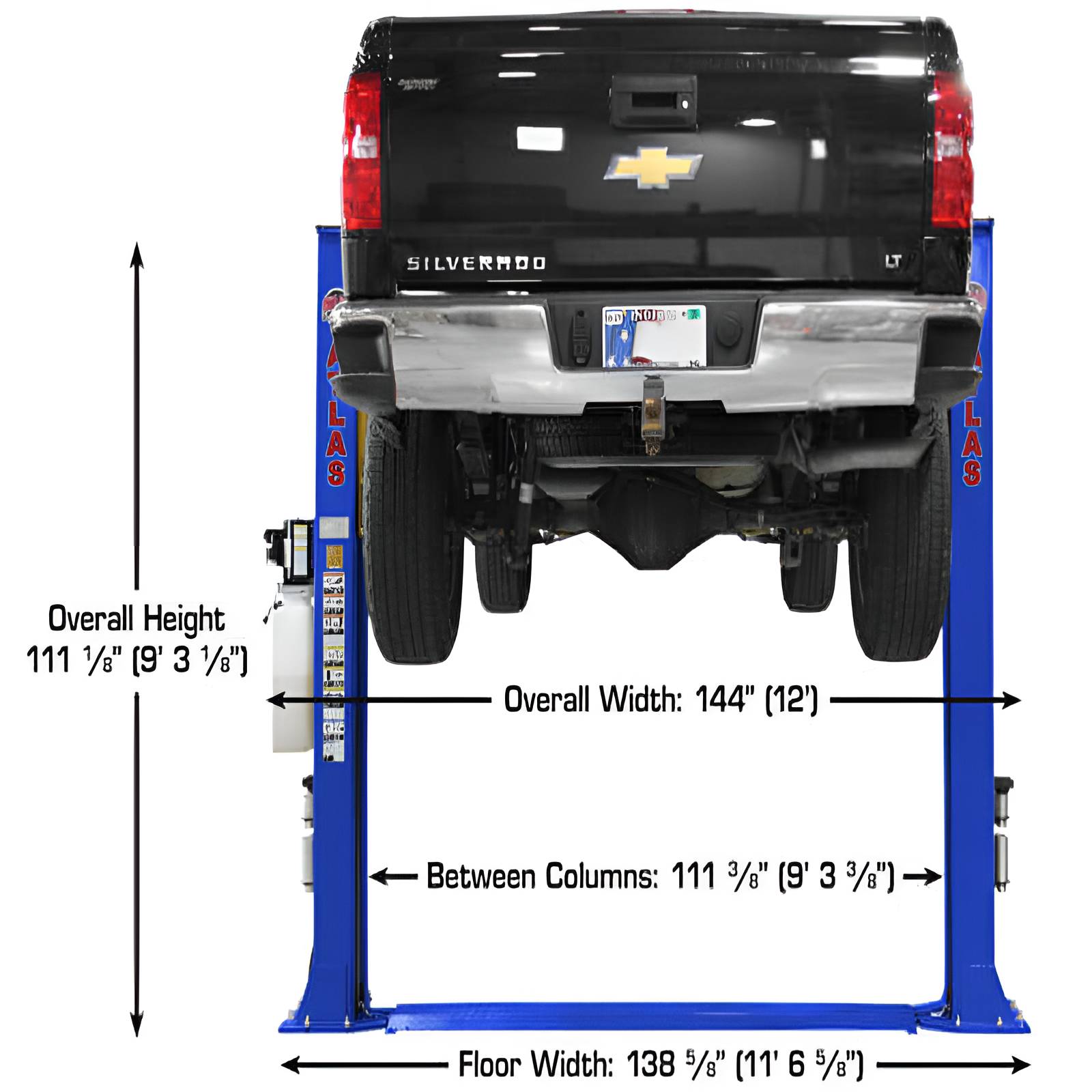 Atlas PVL9BP 9,000 lb 2 Post Lift Back View with Dimensions