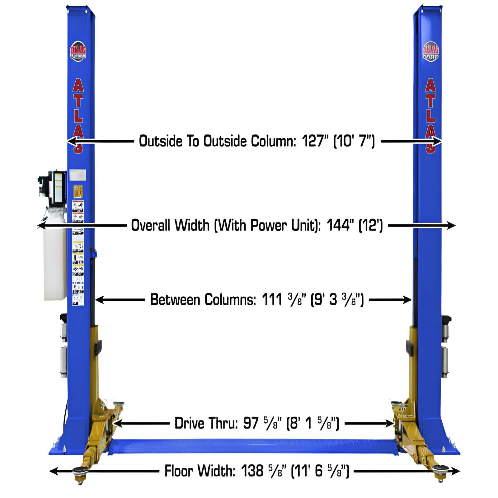 Atlas PVL9BP 9,000 lb 2 Post Lift - ALI Certified No Car With Dimension View
