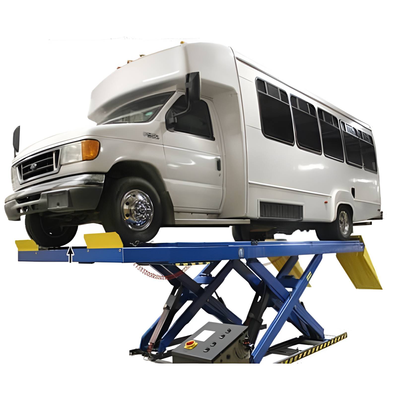 Atlas PX16A Scissor Alignment Lift and RJ8 Rolling Jack Combo Semi Front View Bus white