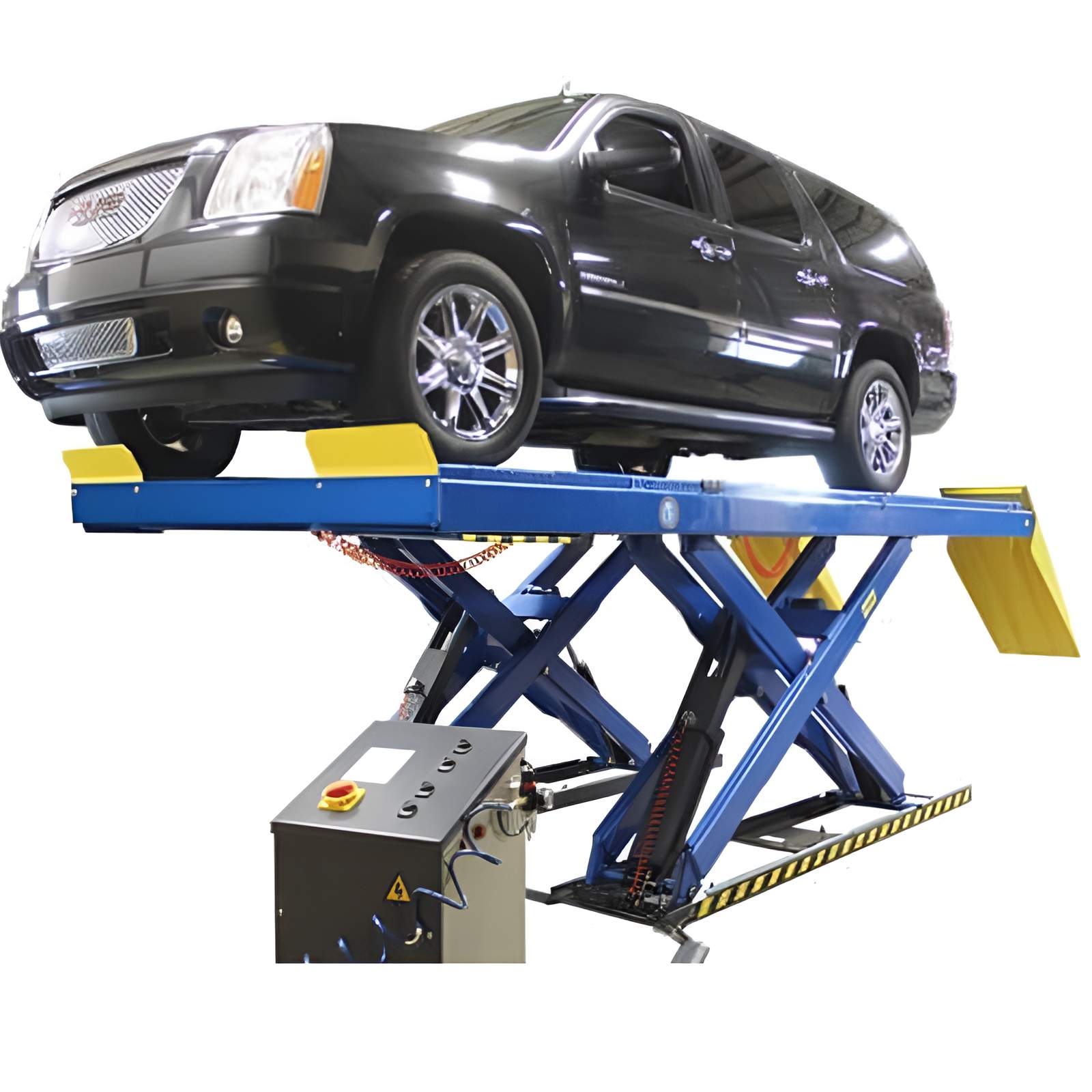 PX16A Scissor Alignment Lift and RJ8 Rolling Jack Combo Semi Front View Black Car