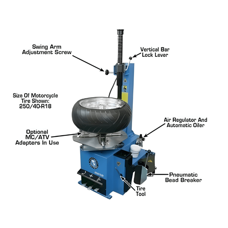 Atlas TC221 Rim-Clamp Tire Changer Front View with Tire