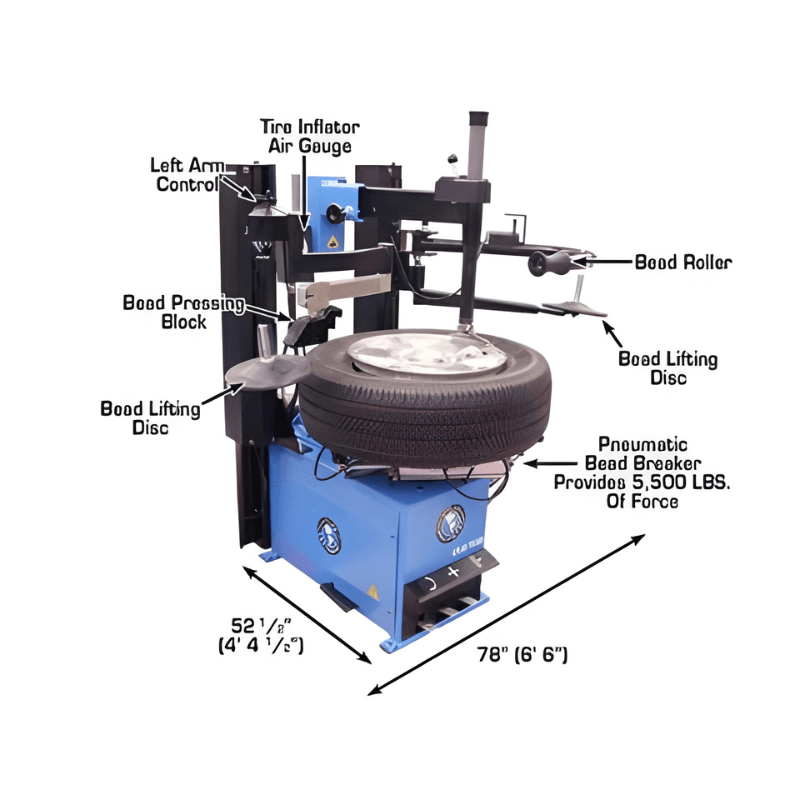 TC229DAA Rim-Clamp Tire Changer w/ Dual Assist Arms Side View with Tire