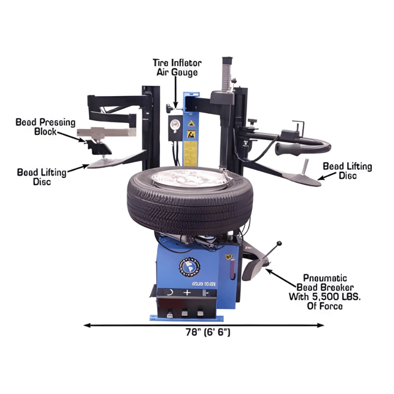 TC229DAA Rim-Clamp Tire Changer w/ Dual Assist Arms Front View with Tire