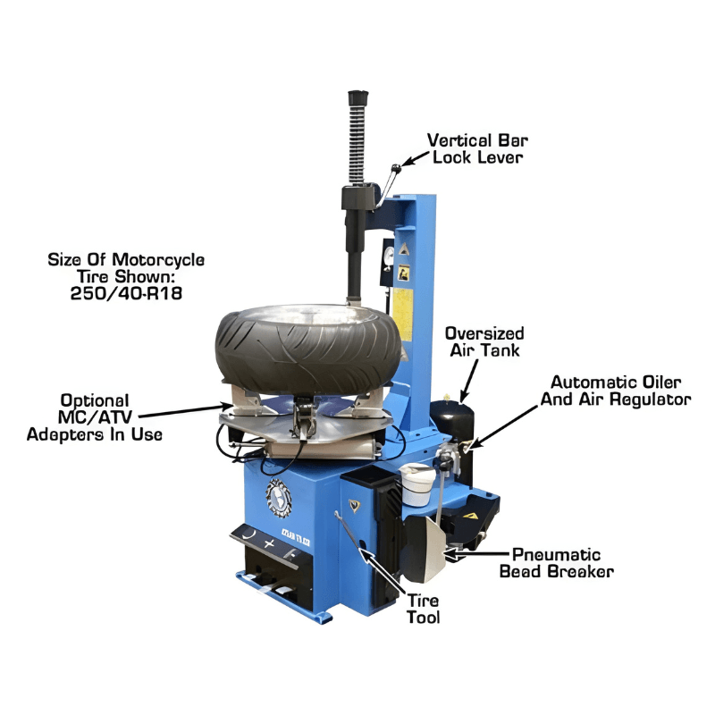 TC229 Rim-Clamp Tire Changer w/ Bead blaster by Atlas Side View with Tire