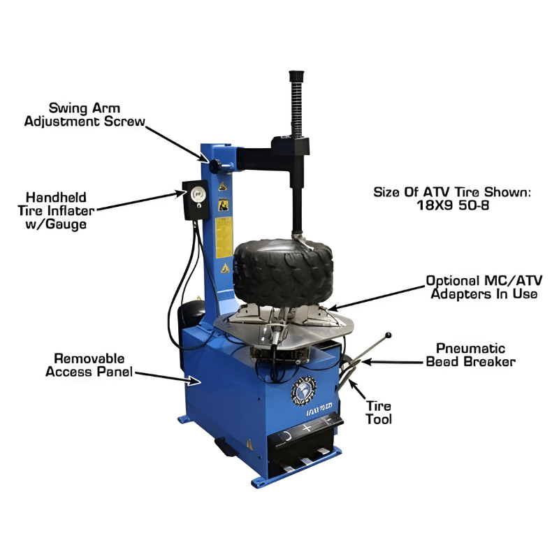 Atlas TC229 Rim-Clamp Tire Changer Side View with Tire