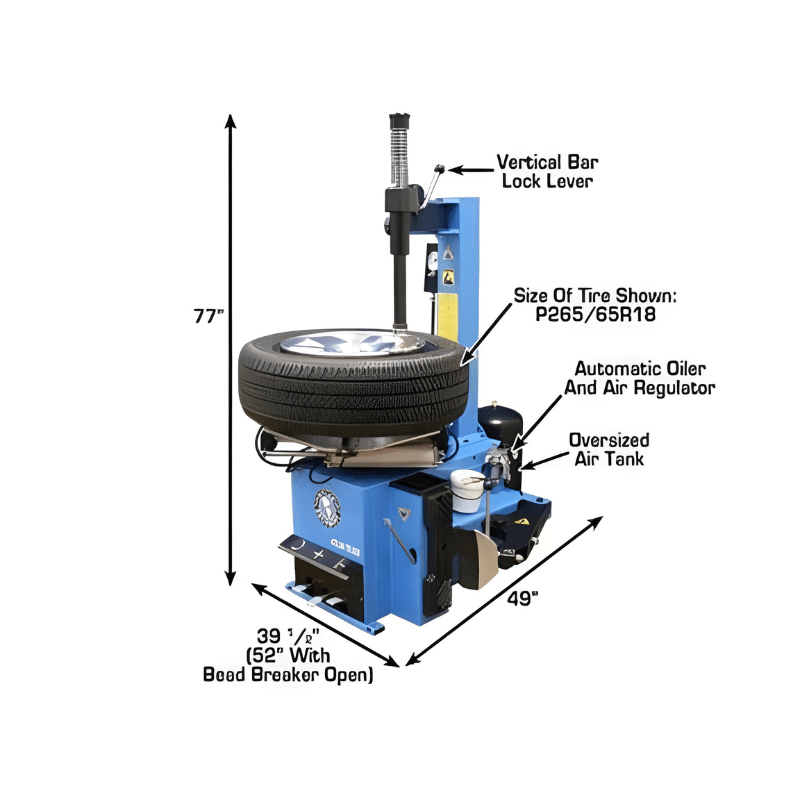 Atlas TC229 Rim-Clamp Tire Changer w/ Beadblaster Side View with Tire and Dimensions
