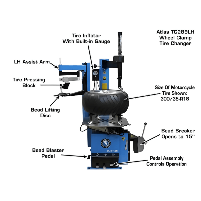 Atlas TC289LH Extra Large Rim-Clamp Tire Changer w/ Assist Arm Front View