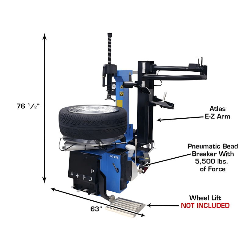 TC755EZ Tilt-Back Rim-Clamp Tire Changer w/ E-Z Arm With Dimension and Tire View