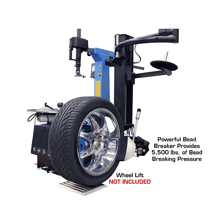 TC755EZ Tilt-Back Rim-Clamp Tire Changer Side View with Wheel