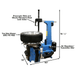 TC755 Tilt-Back Rim-Clamp Tire Changer w/ Bead Blaster Side View with Tire and Dimension View