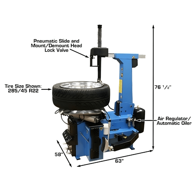 TC755 Tilt-Back Rim-Clamp Tire Changer w/ Bead Blaster Side View with Tire and Dimension View