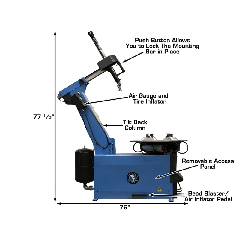 TC755 Tilt-Back Rim-Clamp Tire Changer Side View with Dimension