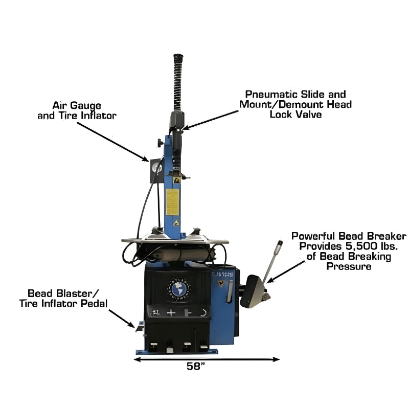 Atlas TC755 Tilt-Back Rim-Clamp Tire Changer w/ Bead Blaster Front View No Tire