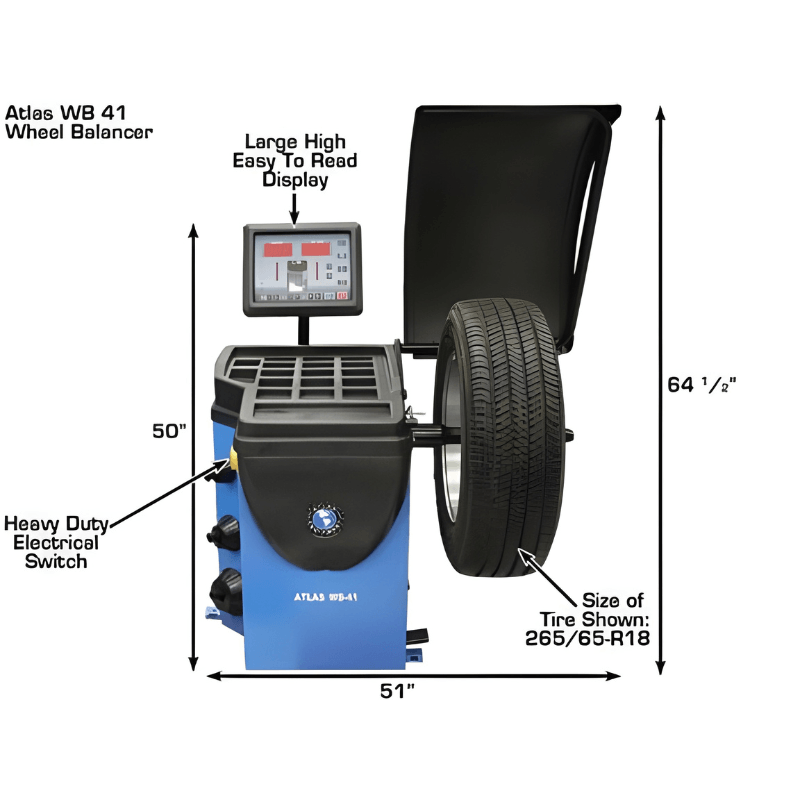 Atlas WB41 Computerized Wheel Balancer Front View with Tire and Dimension