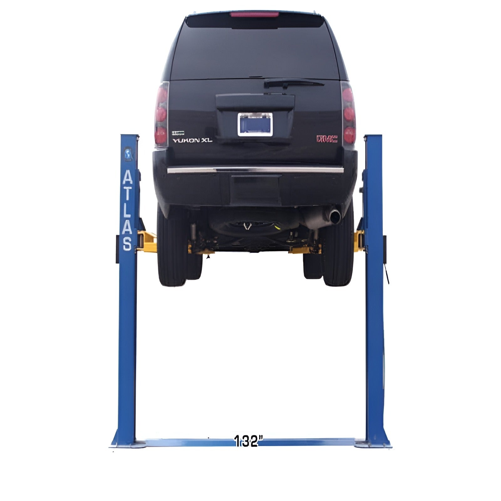 BP8000, 8,000 lb 2 Post Lift - Low Ceiling Back View with Car lifting high