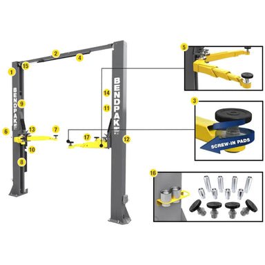 10,000lb 2 Post Lift - ALI Certified, Extra Tall BendPak 10AP-168 all parts