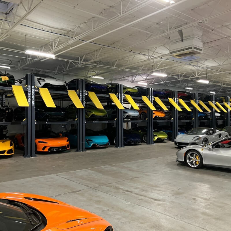 Tri-Level Vehicle Storage Lift Extra Long BendPak HD-973PX In line in the garage view