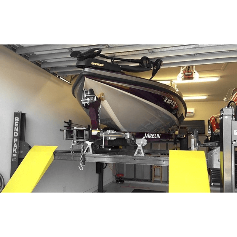 9,000lb 4 Post Lift BendPak HD-9 boat in lift view