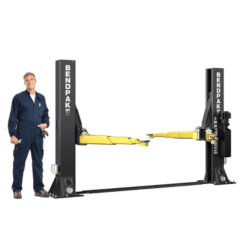10AP-SRT 10,000lb 2 Post Lift - Low Rise; ALI Certified Front View with Man Standing