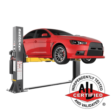 BendPak 10AP-SRT 10,000lb 2 Post Lift - Low Rise; ALI Certified Semi Side View with Red Car and Ali Certified Logo