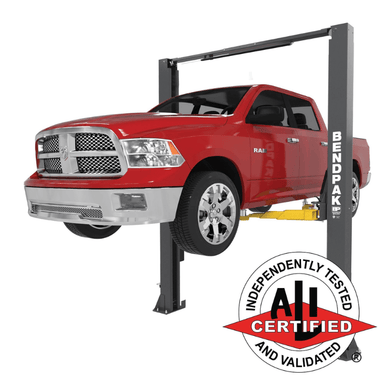 BendPak 10APX 10,000lb 2 Post Lift - ALI Certified,  Adjustable Width, Tall Side View with Red Car