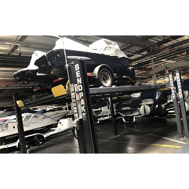 BendPak HD-7500BLX 7,500lb 4 Post Boat Lift - Extra Tall Back View with Boat Lifting