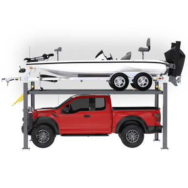 BendPak HD-75BXT 7,500lb 4 Post Boat Lift Side View with Car and Boat