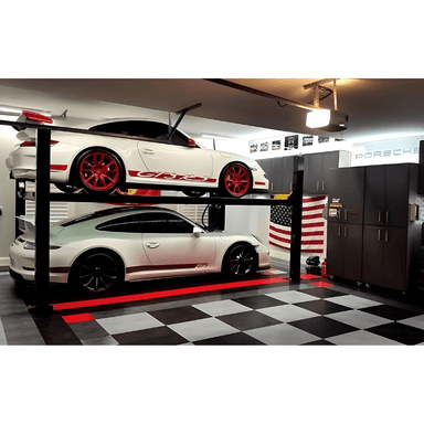 BendPak HD-9ST 9,000lb 4 Post Lift - Narrow Width; ALI Certified Side View with 2 Cars