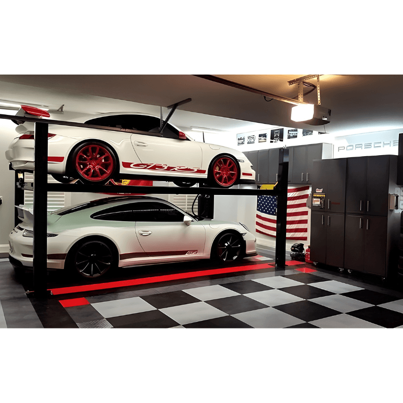 BendPak HD-9ST 9,000lb 4 Post Lift - Narrow Width; ALI Certified Side View with 2 Cars