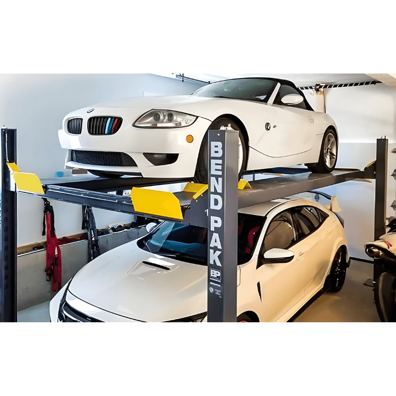 HD-9ST 9,000lb 4 Post Lift - Narrow Width; ALI Certified Front View with 2 Cars