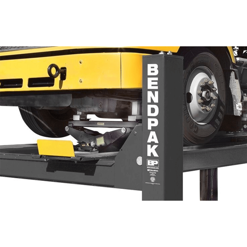 BendPak HDS-27X 27,000lb 4 Post Lift - Extended Length Lifting a Truck Underneath View